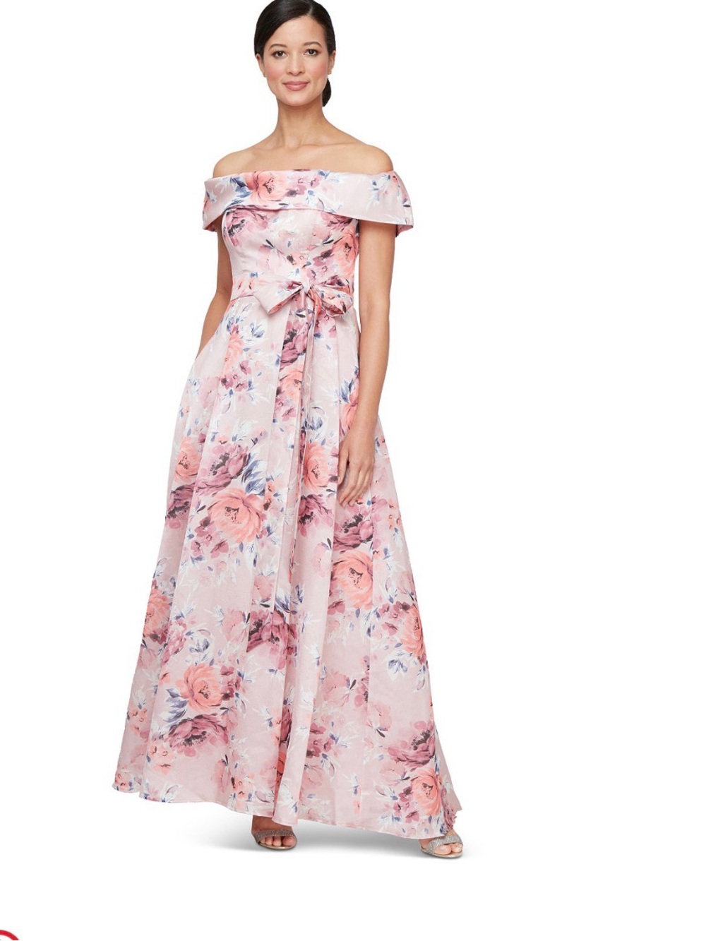 Alex Evenings Blush Pink Floral One-Shoulder Maxi with Waist Bow